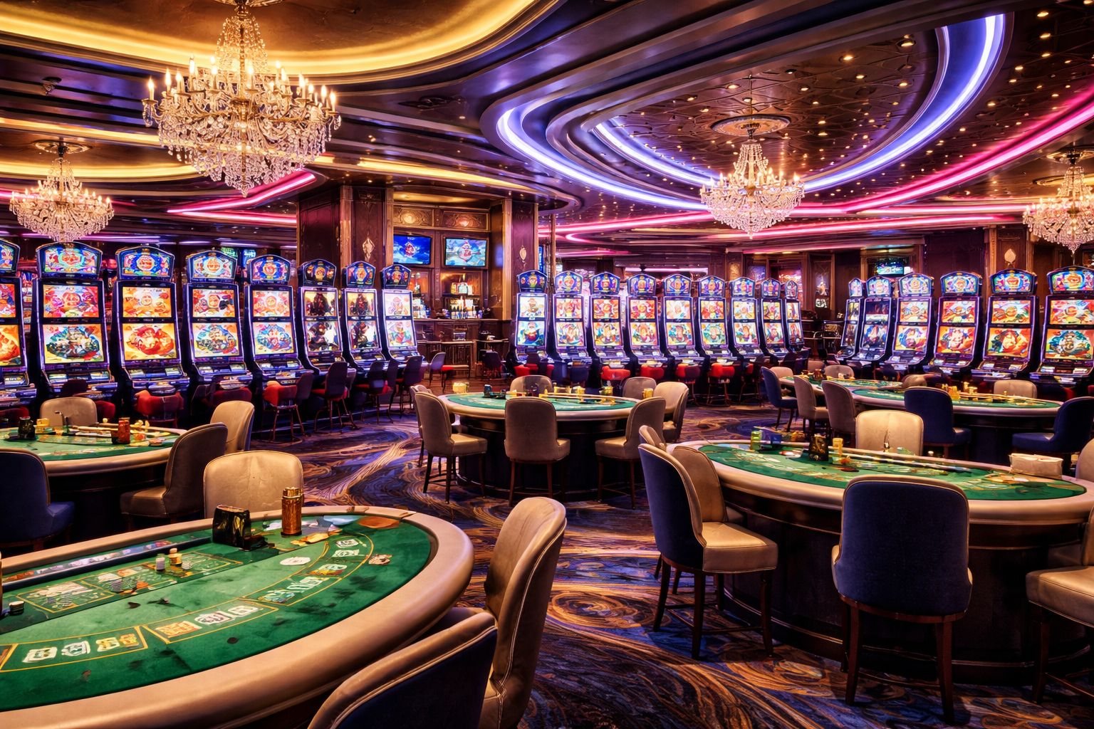 Cảnh anh hùng sảnh casino SM 88 với ánh đèn màu sắc và trò chơi bàn